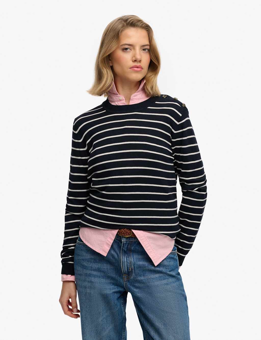 Superdry & Co Women's Striped Crew Neck Button Detail Jumper - 14 - Navy Mix - Available at M&S