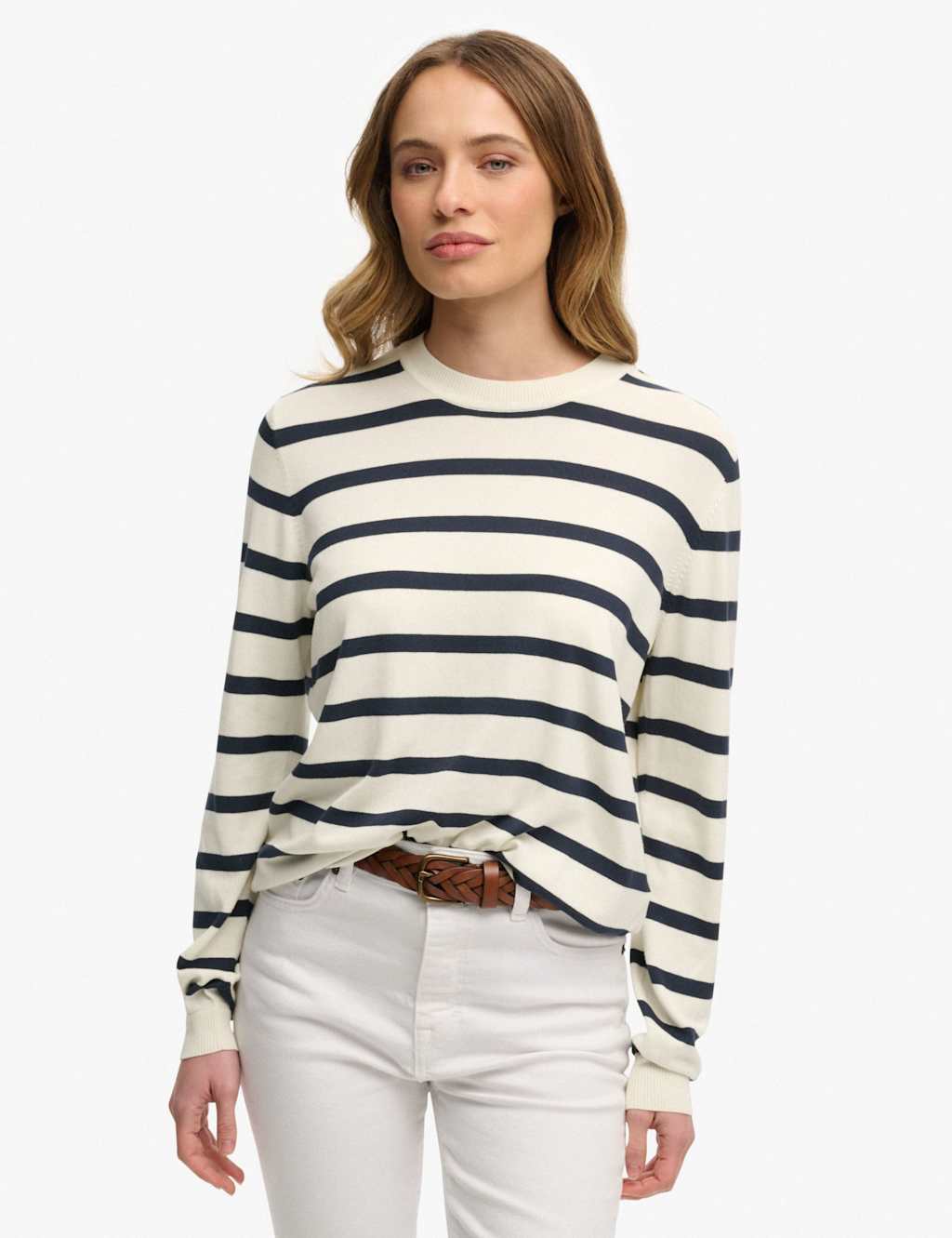 Superdry & Co Women's Striped Crew Neck Button Detail Jumper - 12 - Cream Mix - Available at M&S