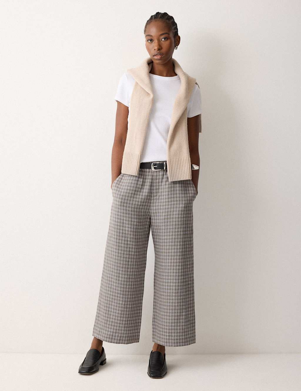 Jigsaw Women's Pure Linen Checked Wide Leg Trousers - 8 - Grey Mix - Available at M&S