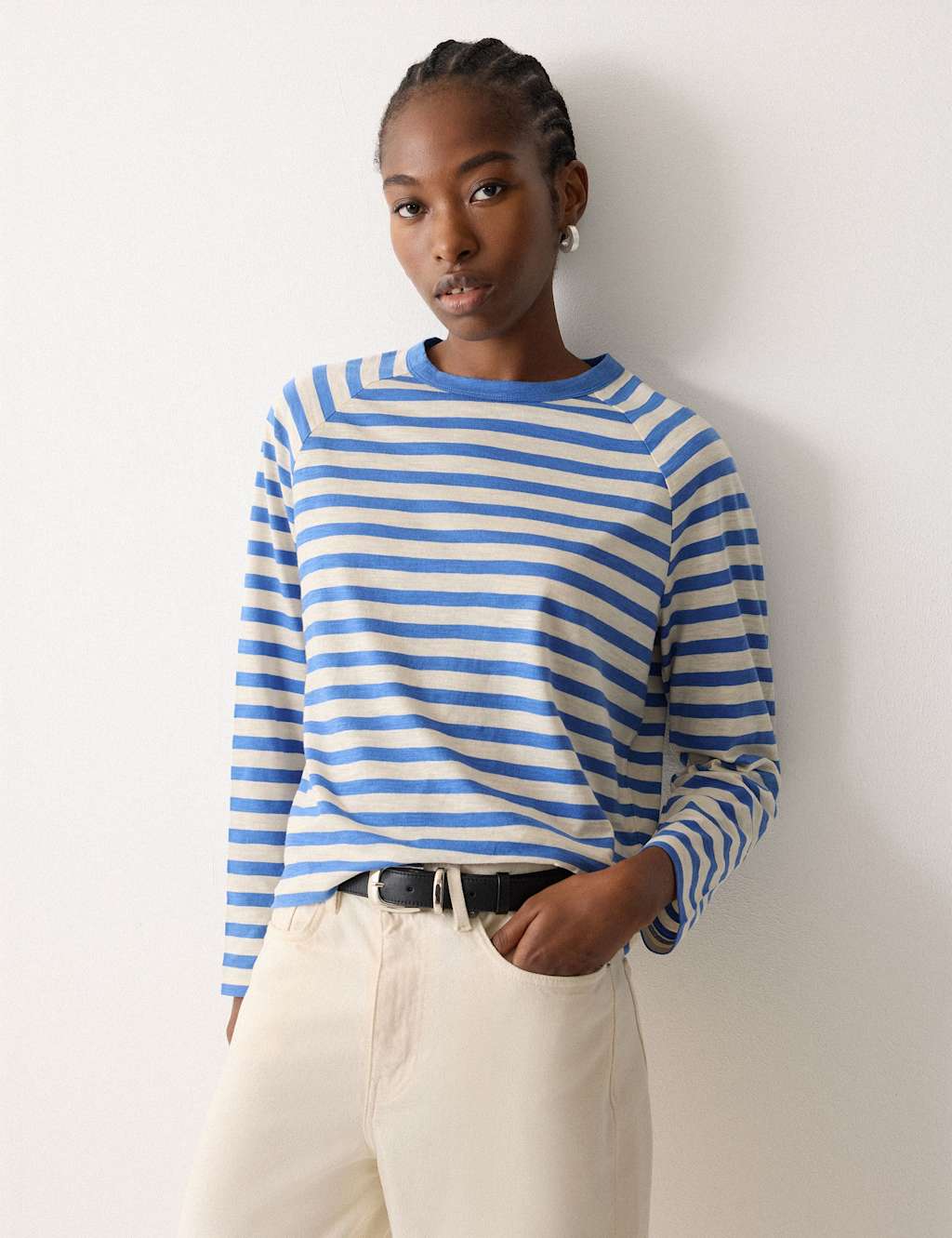 Jigsaw Women's Pure Cotton Striped Raglan Sleeve Top - Extra Small - Blue Mix - Available at M&S