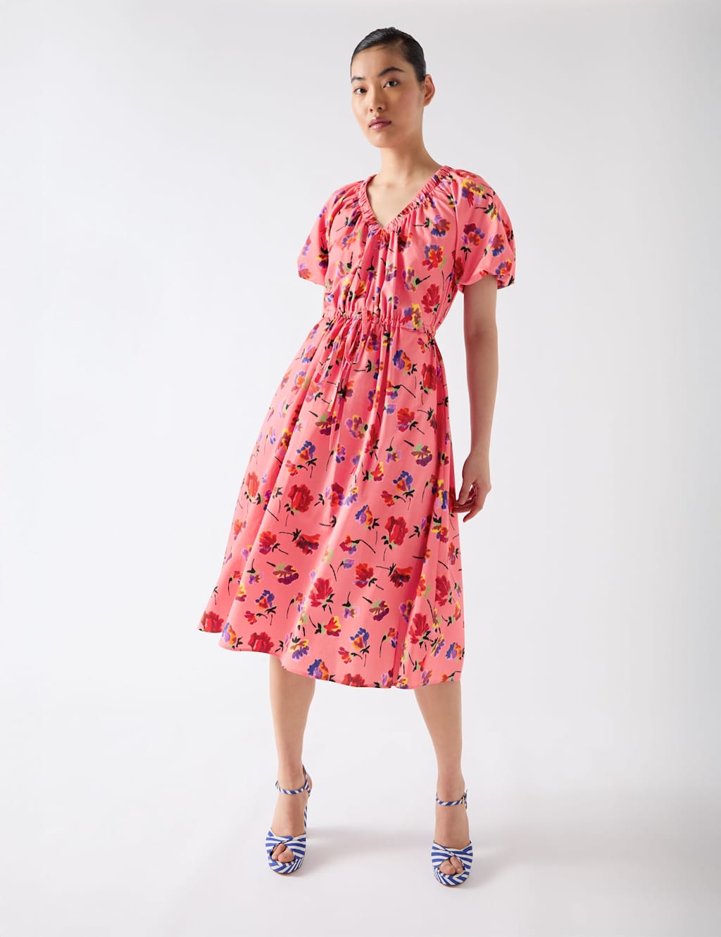 Pure Cotton Floral V-Neck Midi Skater Dress