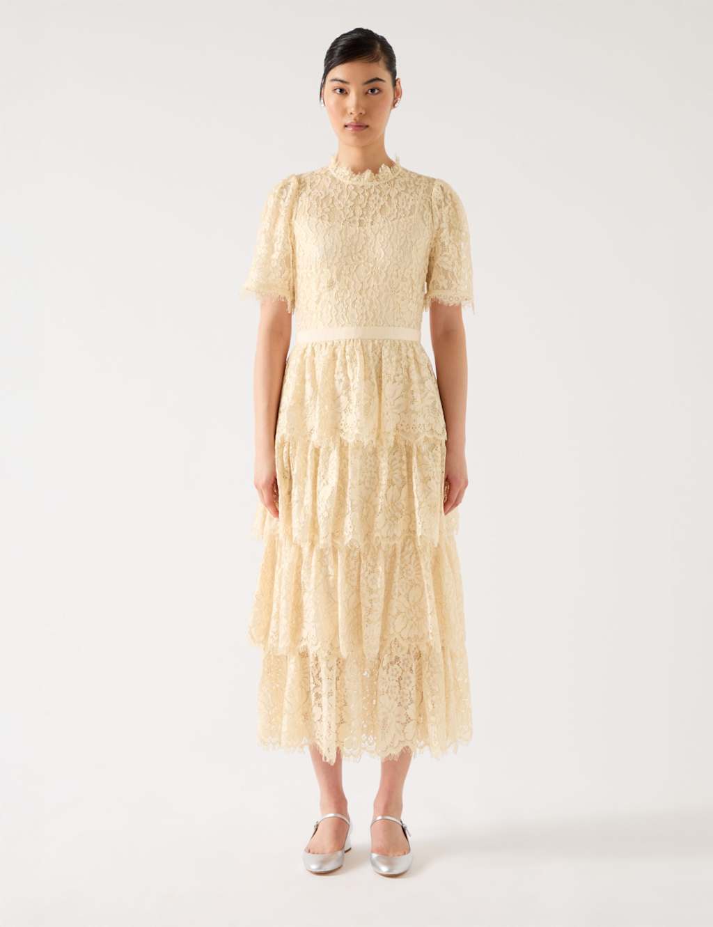Cotton Blend Lace Ruffle Midaxi Tiered Dress