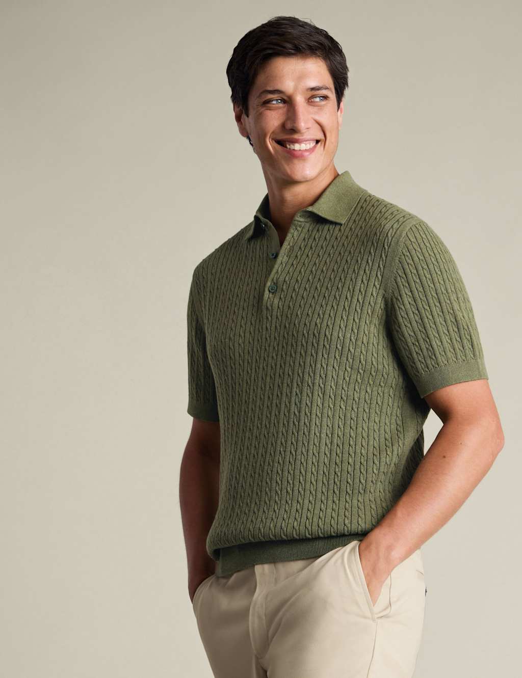 Charles Tyrwhitt Men's Pure Cotton Cable Knitted Polo Shirt - XL - Sage - Available at M&S