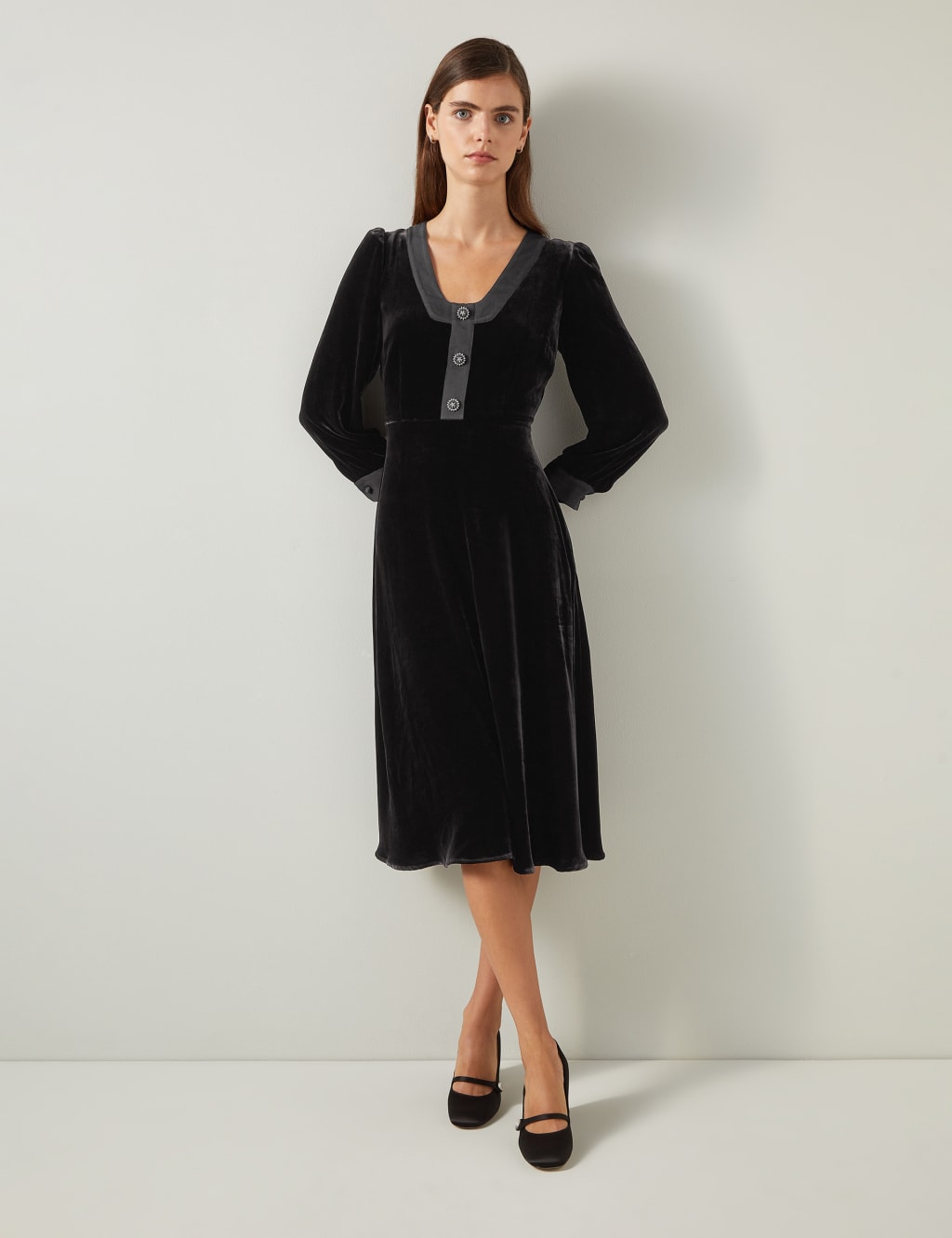 Velvet Knee Length Skater Dress with Silk