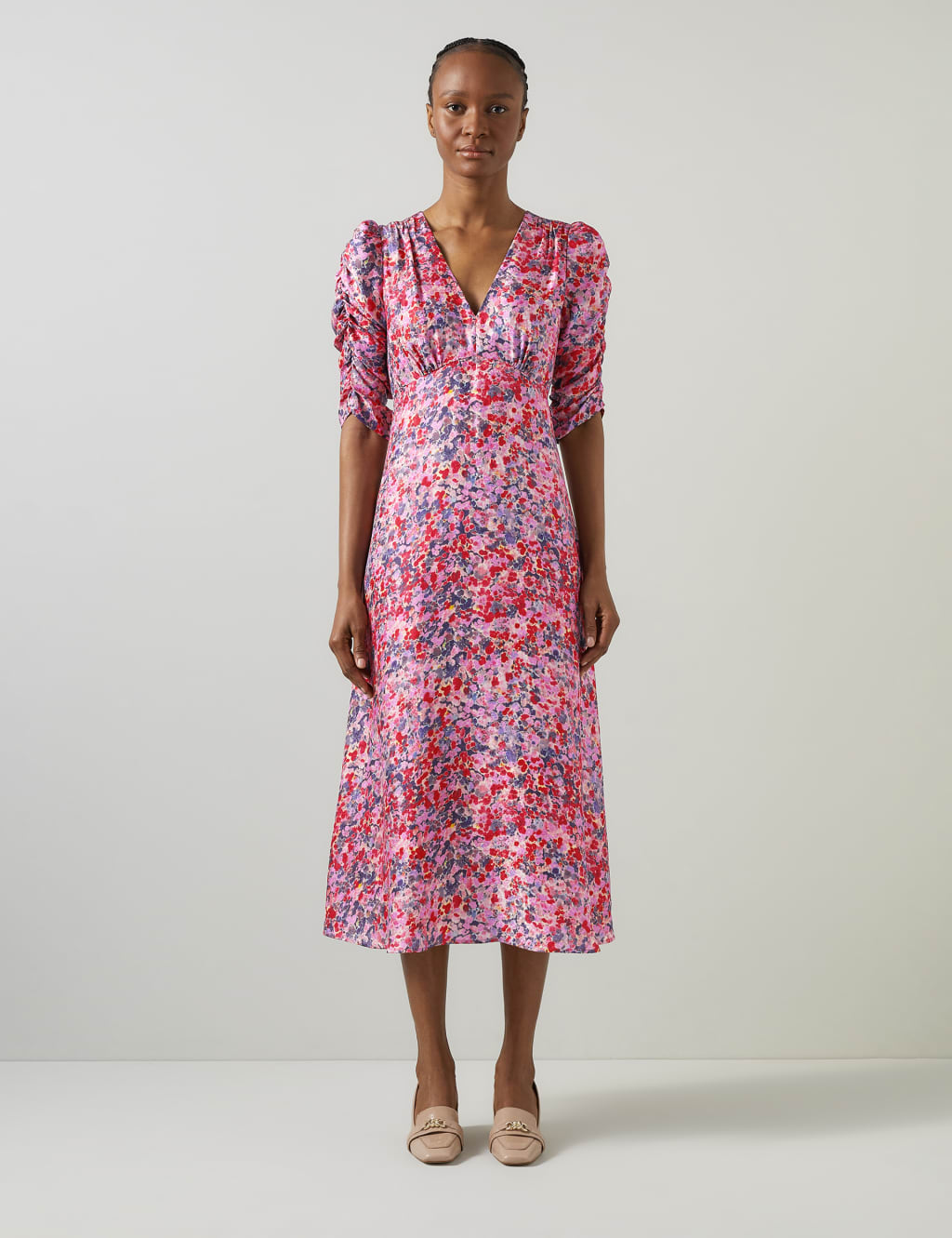 Silk Blend Floral V Neck Midi Dress