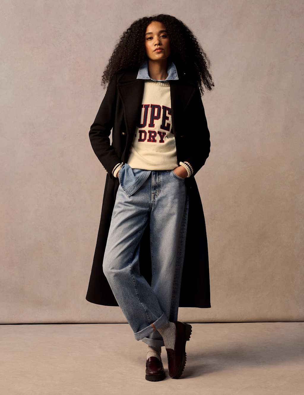 Superdry & Co Pure Wool Double Breasted Longline Coat Black