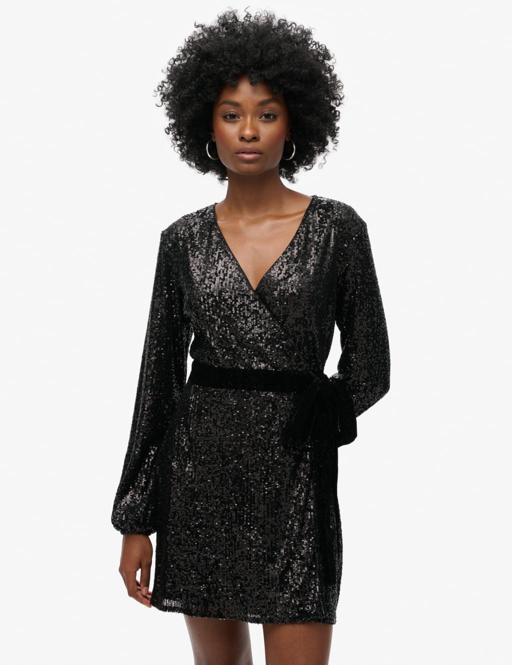 Velvet Sequin V-Neck Mini Wrap Dress