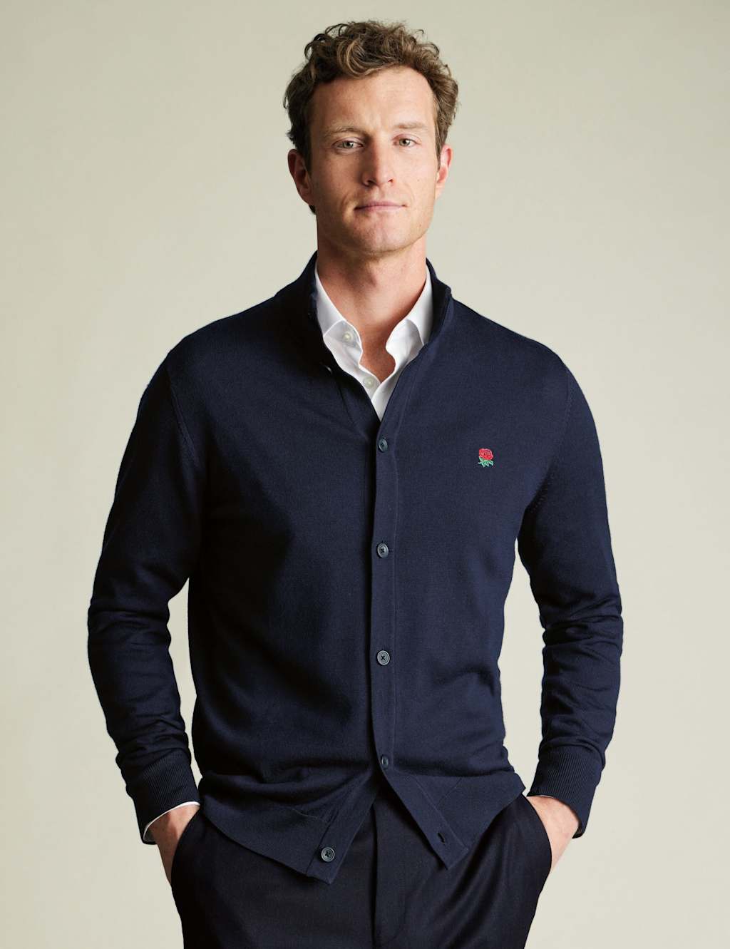 Charles Tyrwhitt Men's Pure Merino Wool RFU Funnel Neck Cardigan - S - Navy - Available at M&S