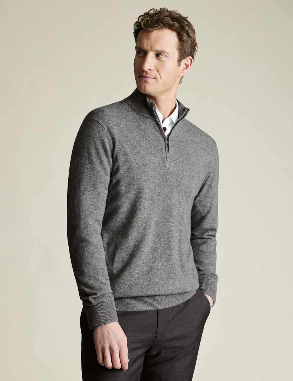 Charles Tyrwhitt Men's Pure Cashmere Half Zip Jumper - XS - Grey - Available at M&S