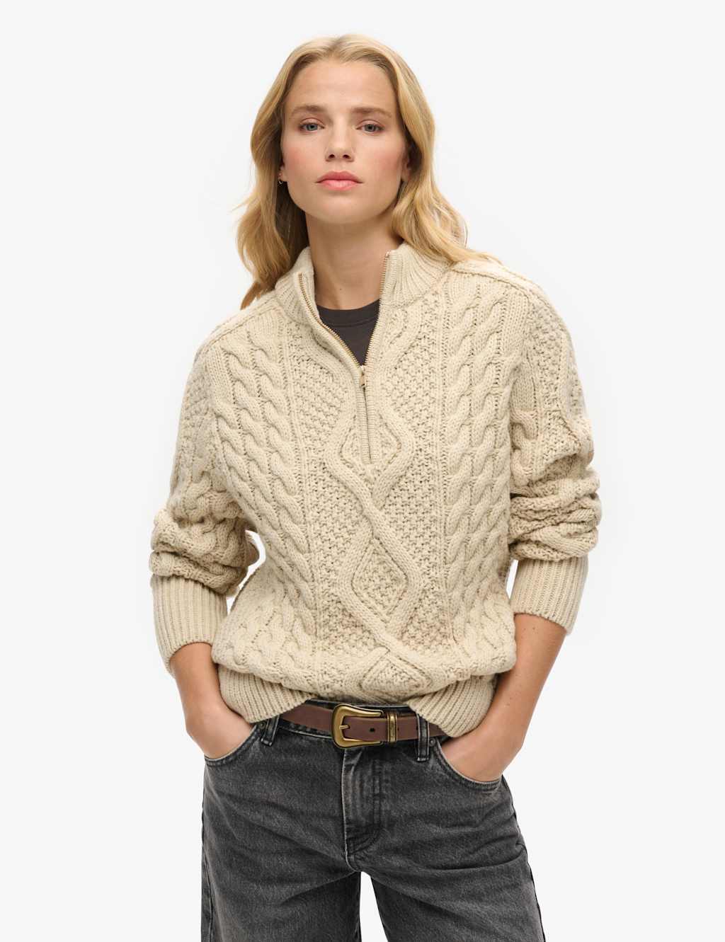 Cable Knit Funnel Neck Jumper with Wool