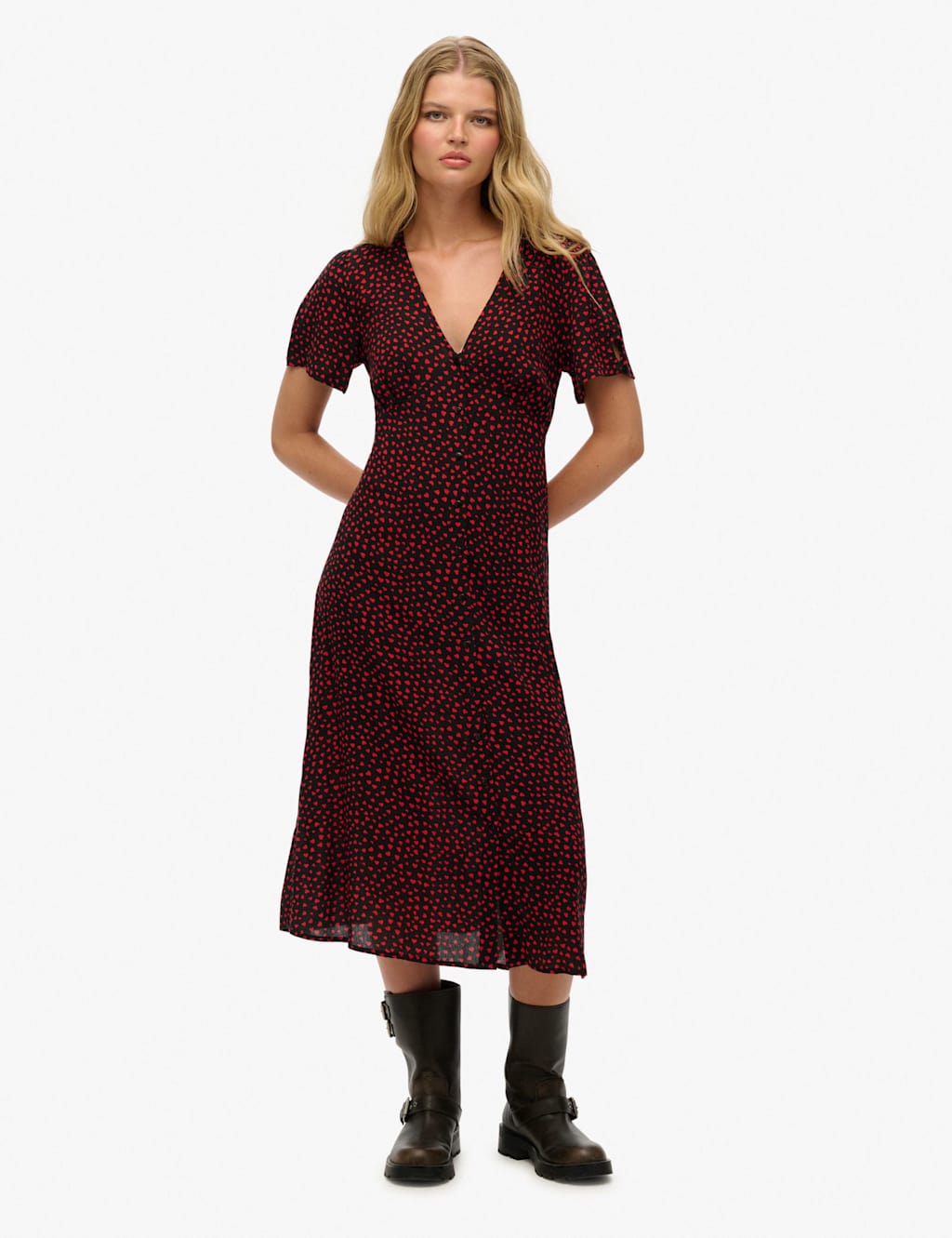 Superdry & Co Heart Print V-Neck Midi Tea Dress Red
