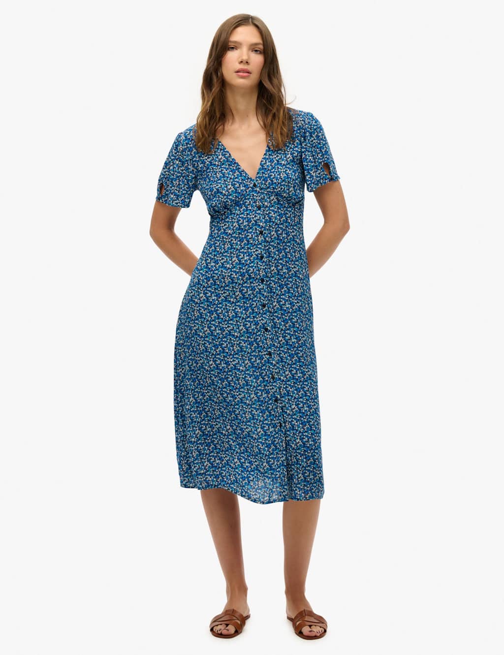 Superdry & Co Heart Print V-Neck Midi Tea Dress Blue Mix