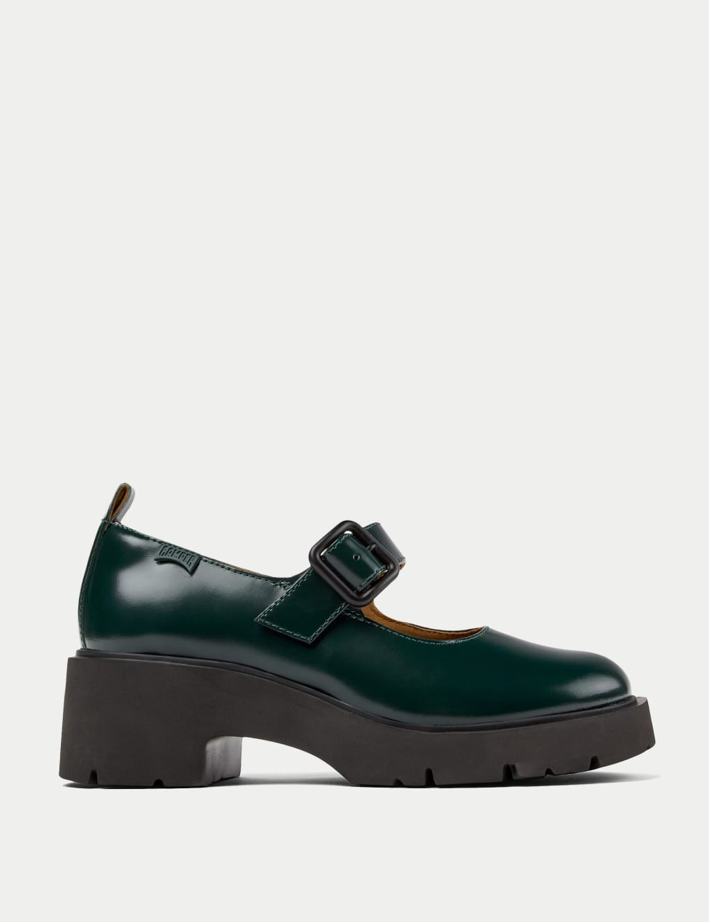 Leather Buckle Block Heel Round Toe Loafers