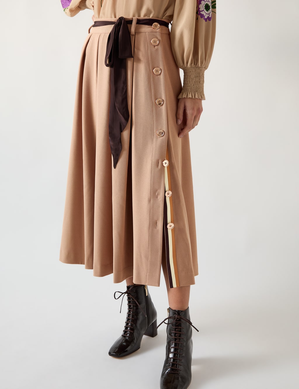 Twill Box Pleat Tie Waist Midi A-Line Skirt