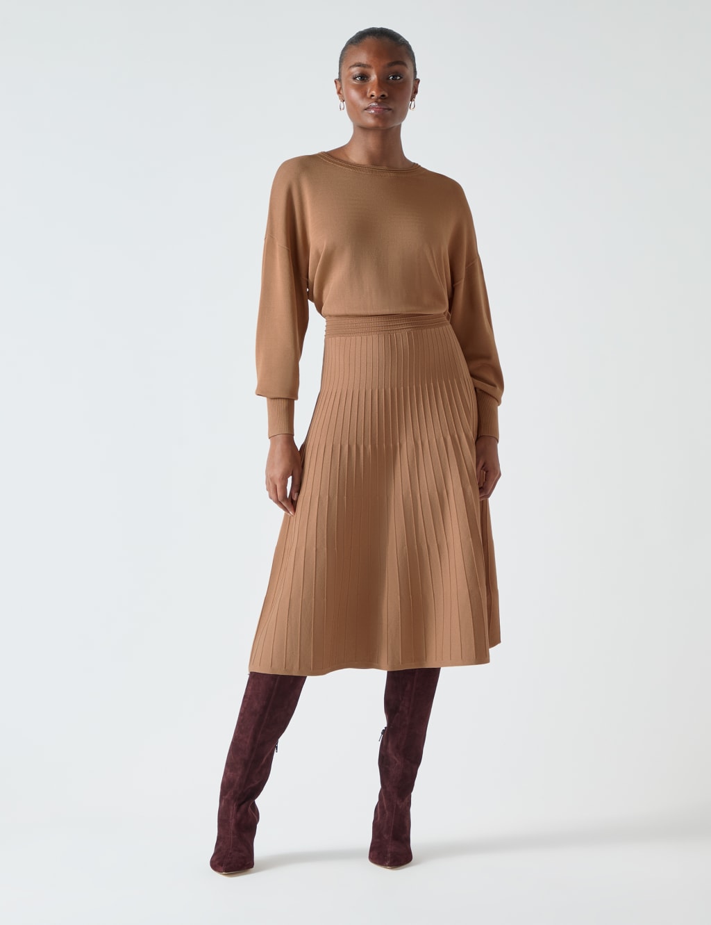 Knitted Ribbed Slash Neck Midi Skater Dress