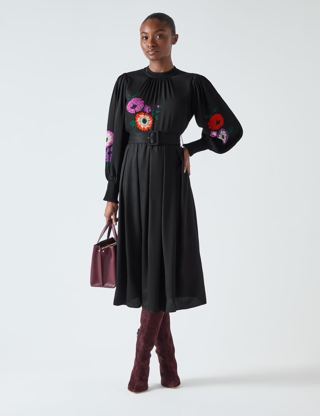 Floral Belted Midi Waisted Dress