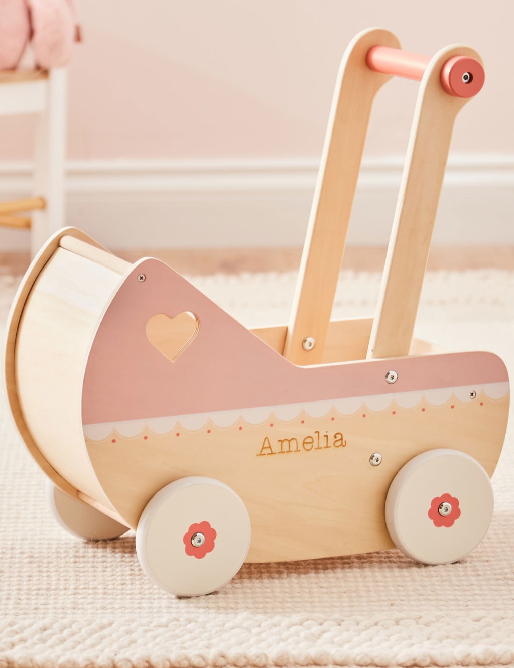 Personalised Pink Wooden Dolls Pram