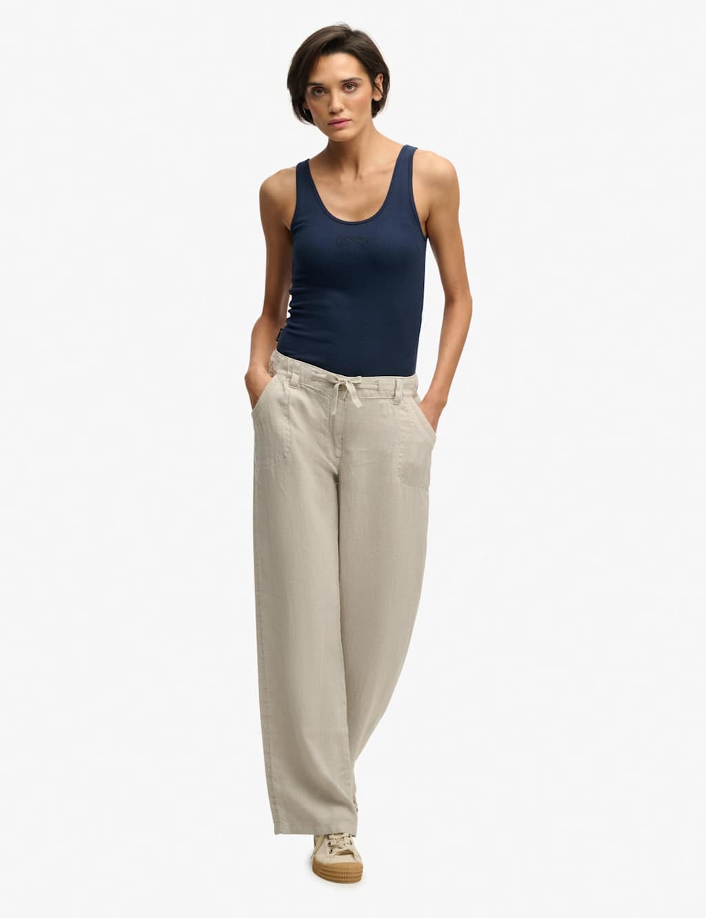 Superdry & Co Women's Pure Linen Low Rise Wide Leg Trousers - 10 - Beige - Available at M&S