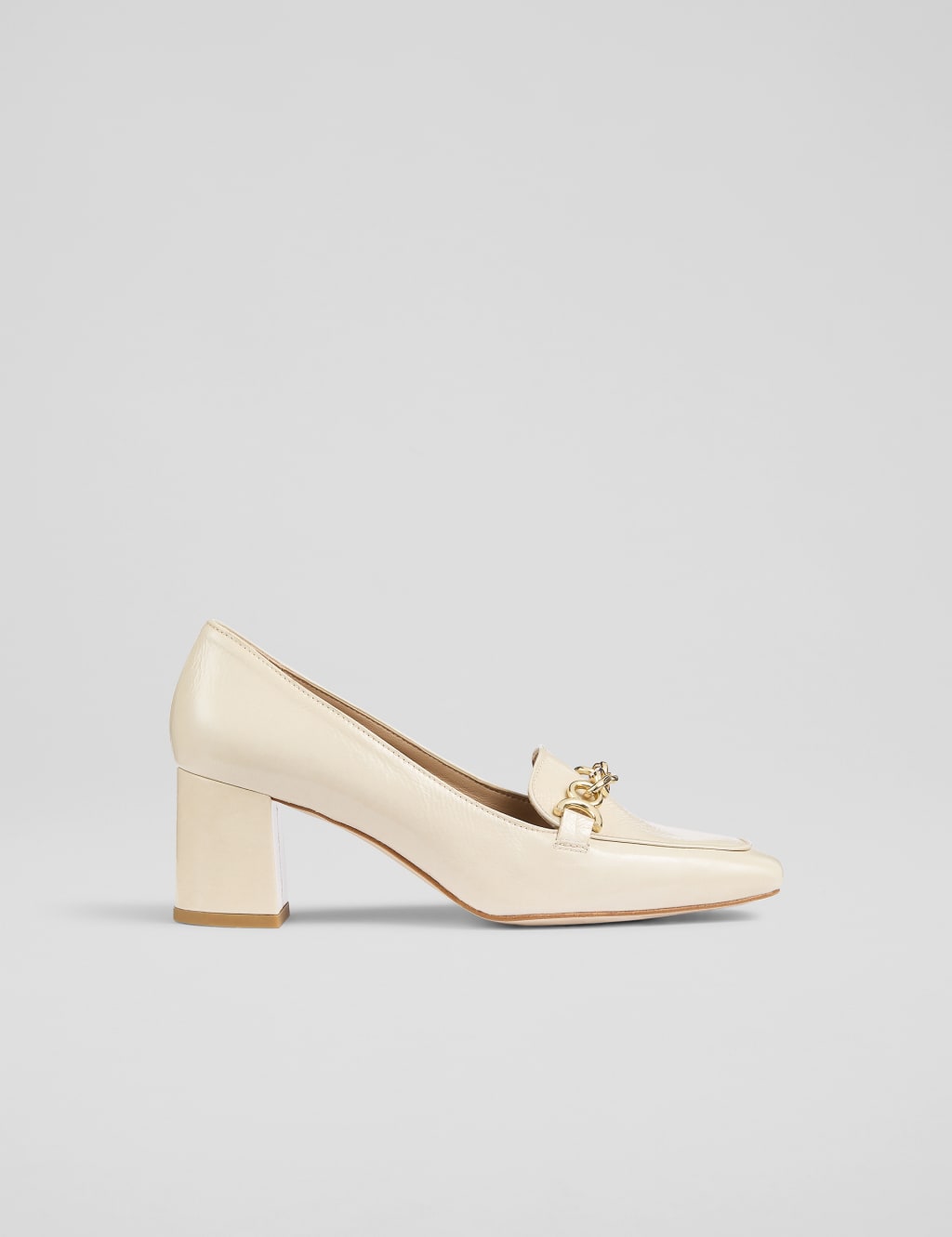Leather Patent Trim Block Heel Court Shoes