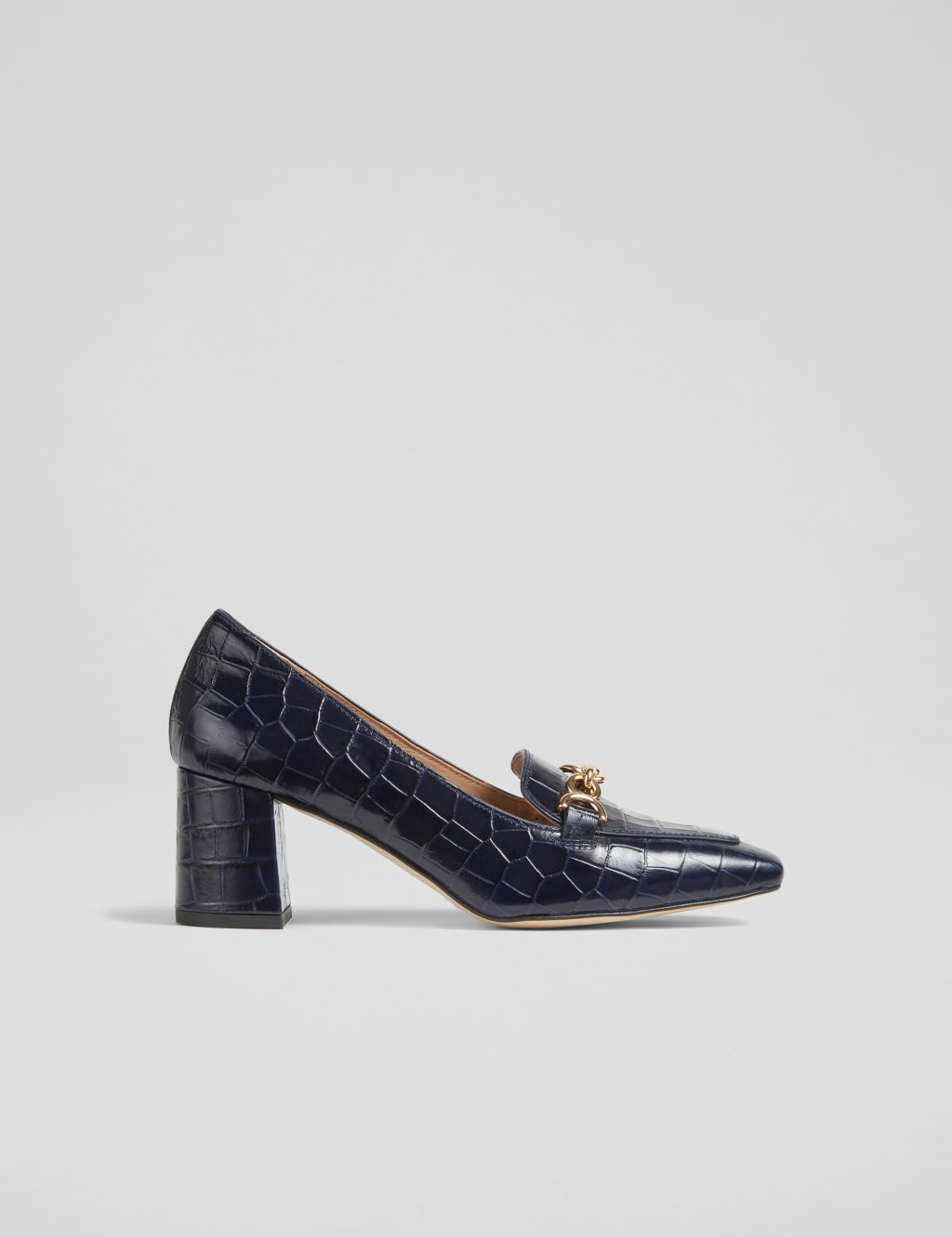 Leather Croc Trim Block Heel Court Shoes