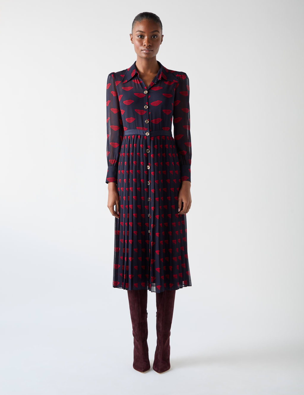 Lips Print Collared Midi Skater Dress