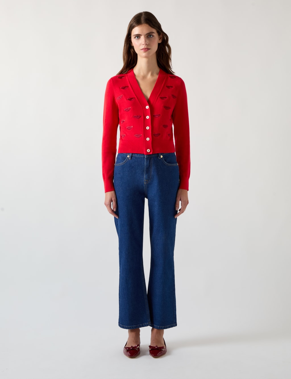 Merino Wool Blend Embroidered Lips Cardigan