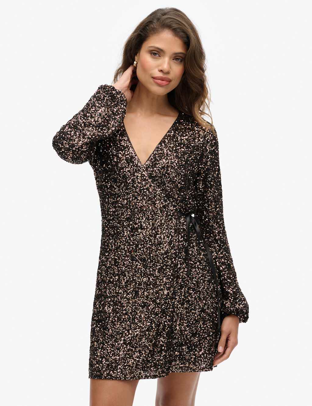 Superdry & Co Sequin V-Neck Mini Wrap Dress Bronze
