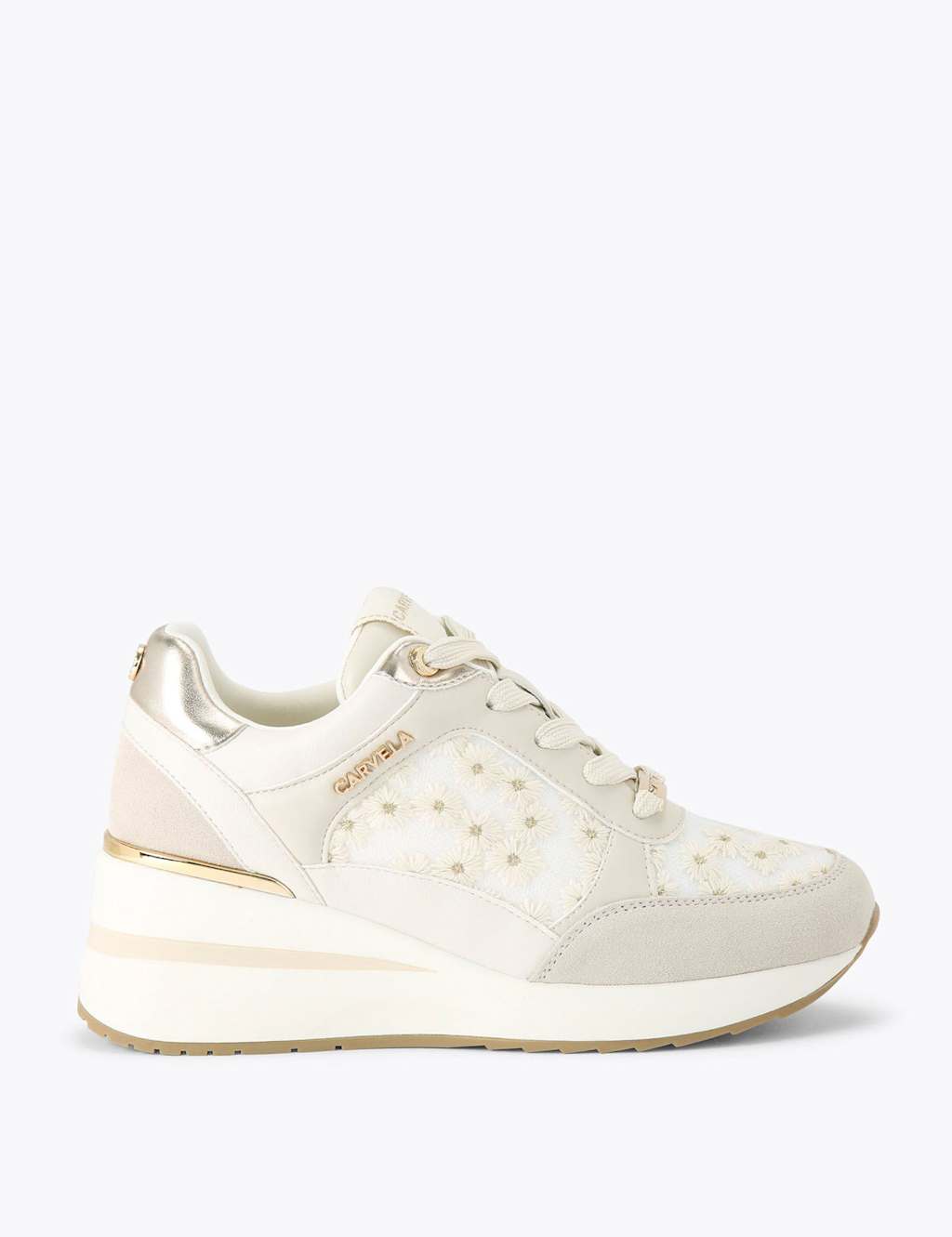 Carvela Women's Mesh Floral Metallic Lace Up Wedge Trainers - 5 - White - Available at M&S