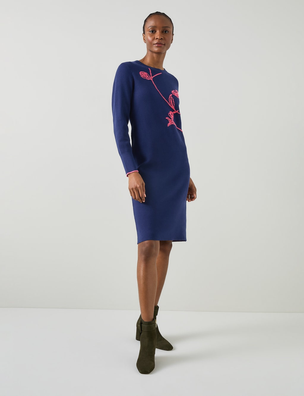 Knitted Floral Knee Length Jumper Dress