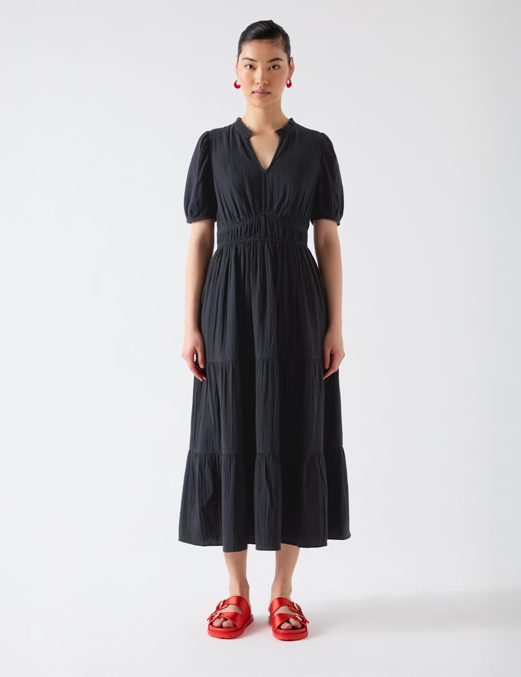 Pure Cotton V-Neck Midi Waisted Dress