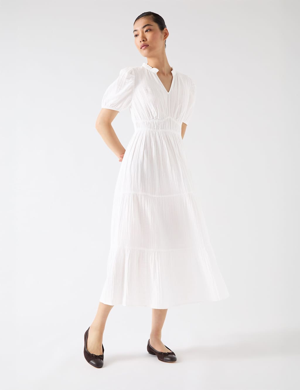 Pure Cotton V-Neck Midi Waisted Dress