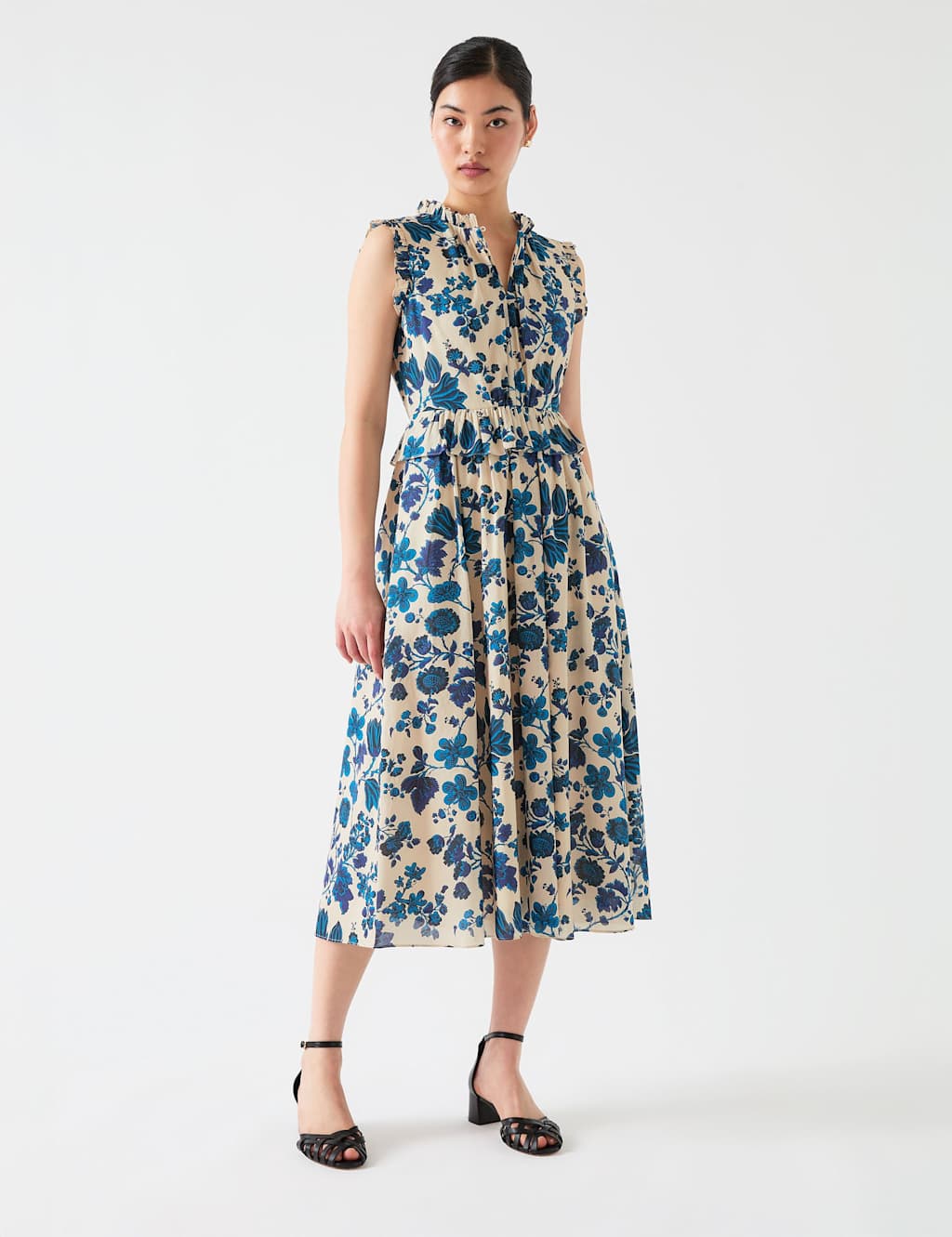 Pure Cotton Floral Frill Midi Waisted Dress