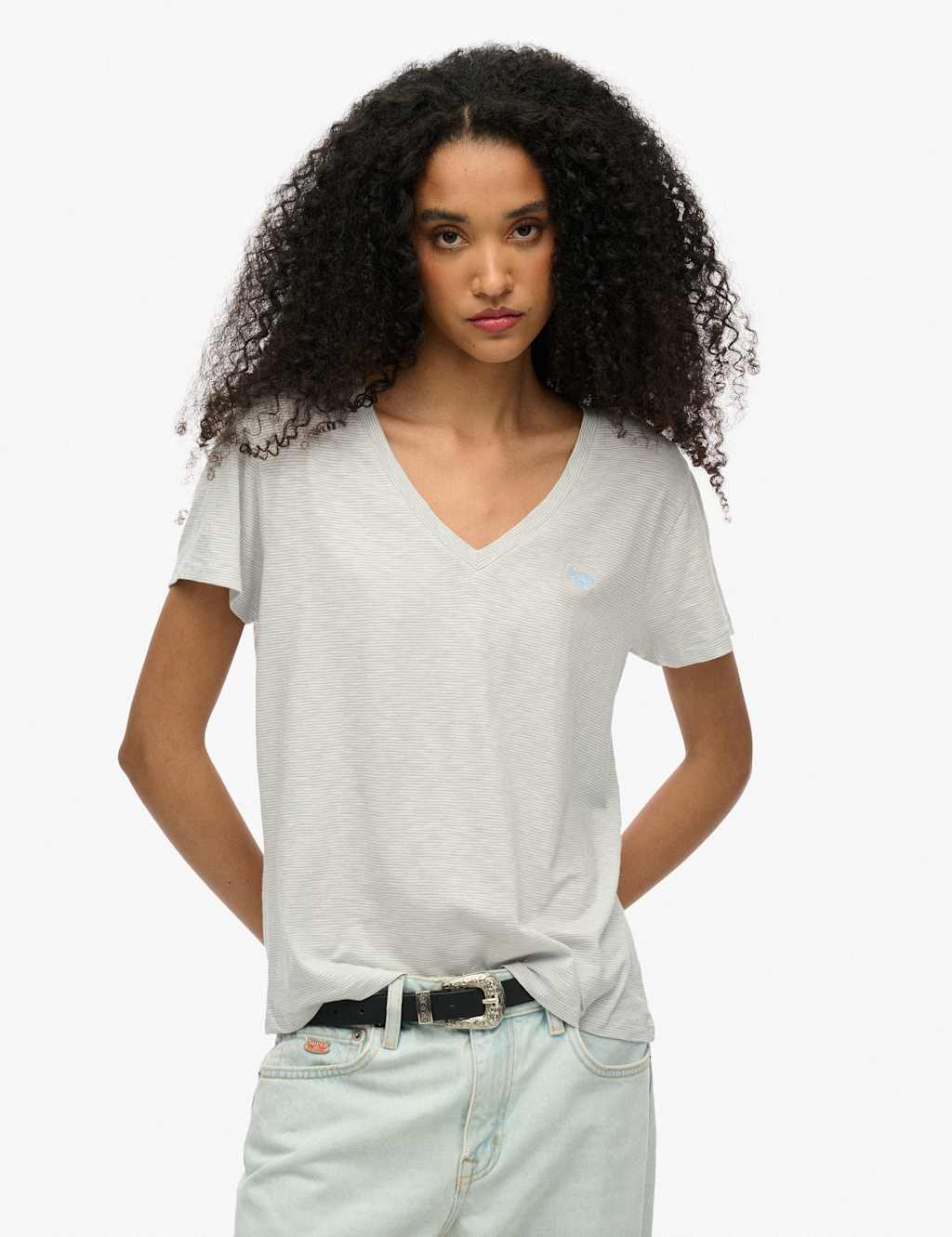 Cotton Rich Striped Logo V-Neck T-Shirt