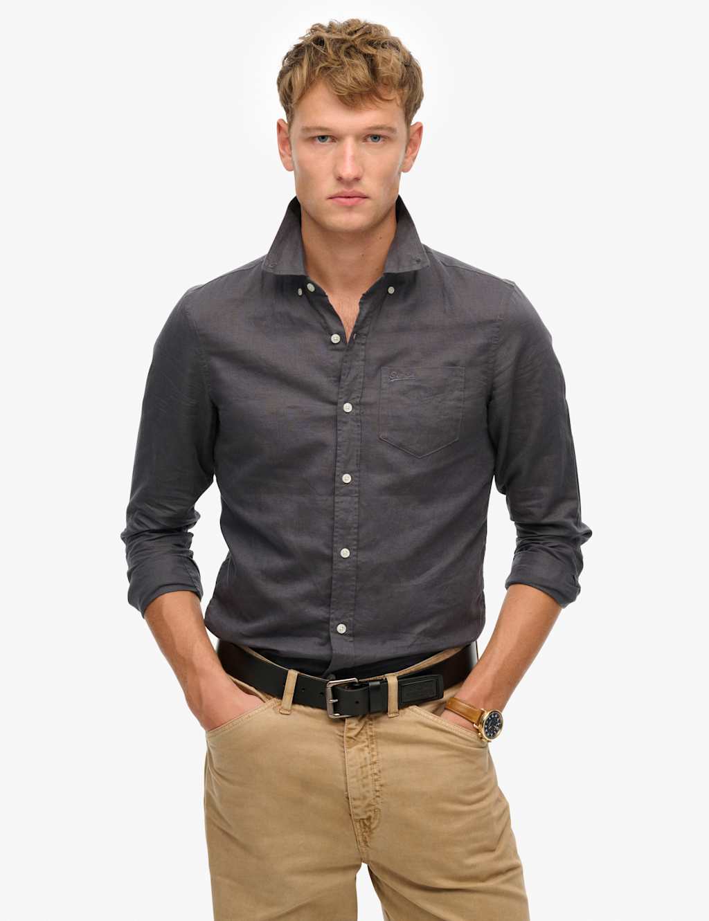 Superdry & Co Cotton Linen Blend Long Sleeve Shirt Grey