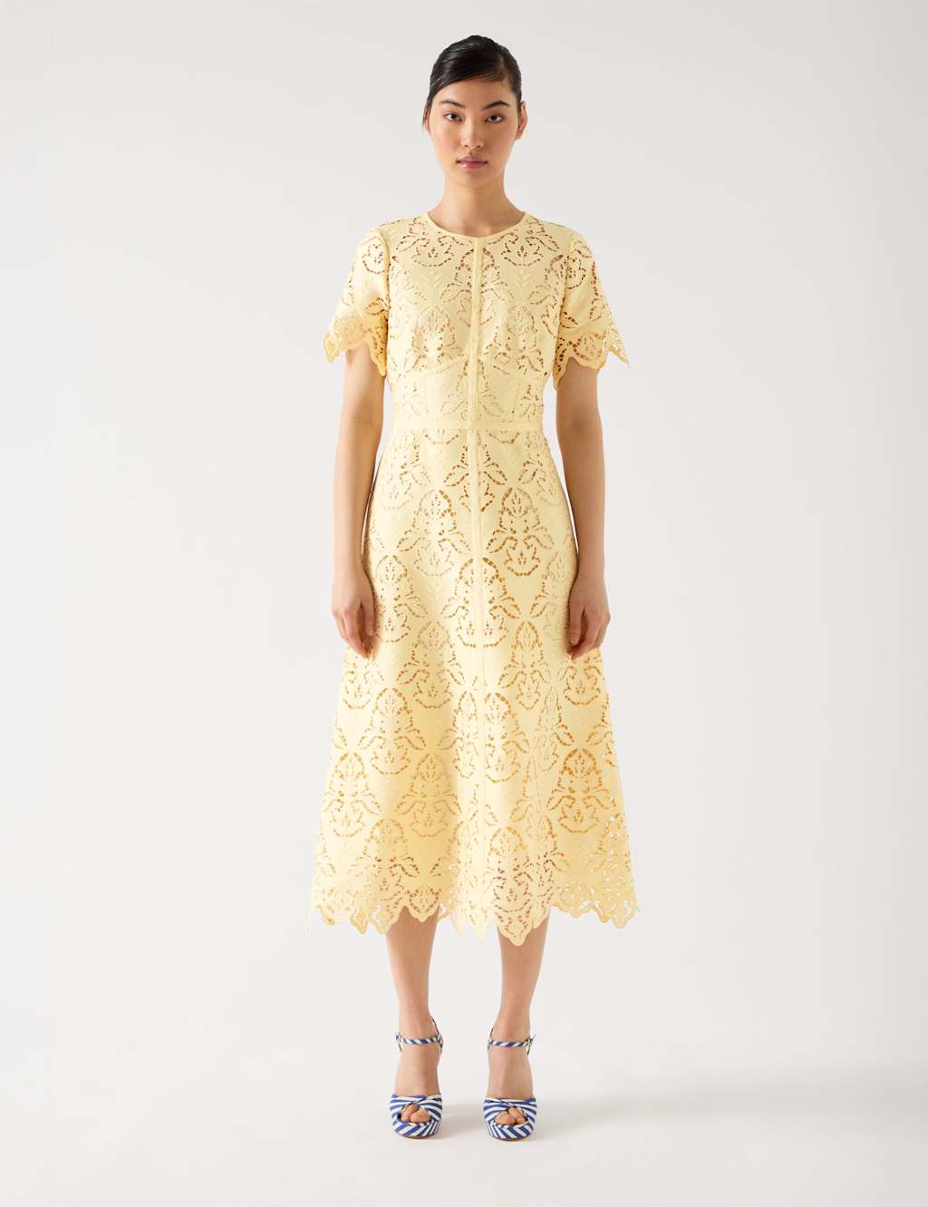 Lk Bennett Women's Broderie Round Neck Midi Tea Dress - 14 - Yellow Mix, Yellow Mix