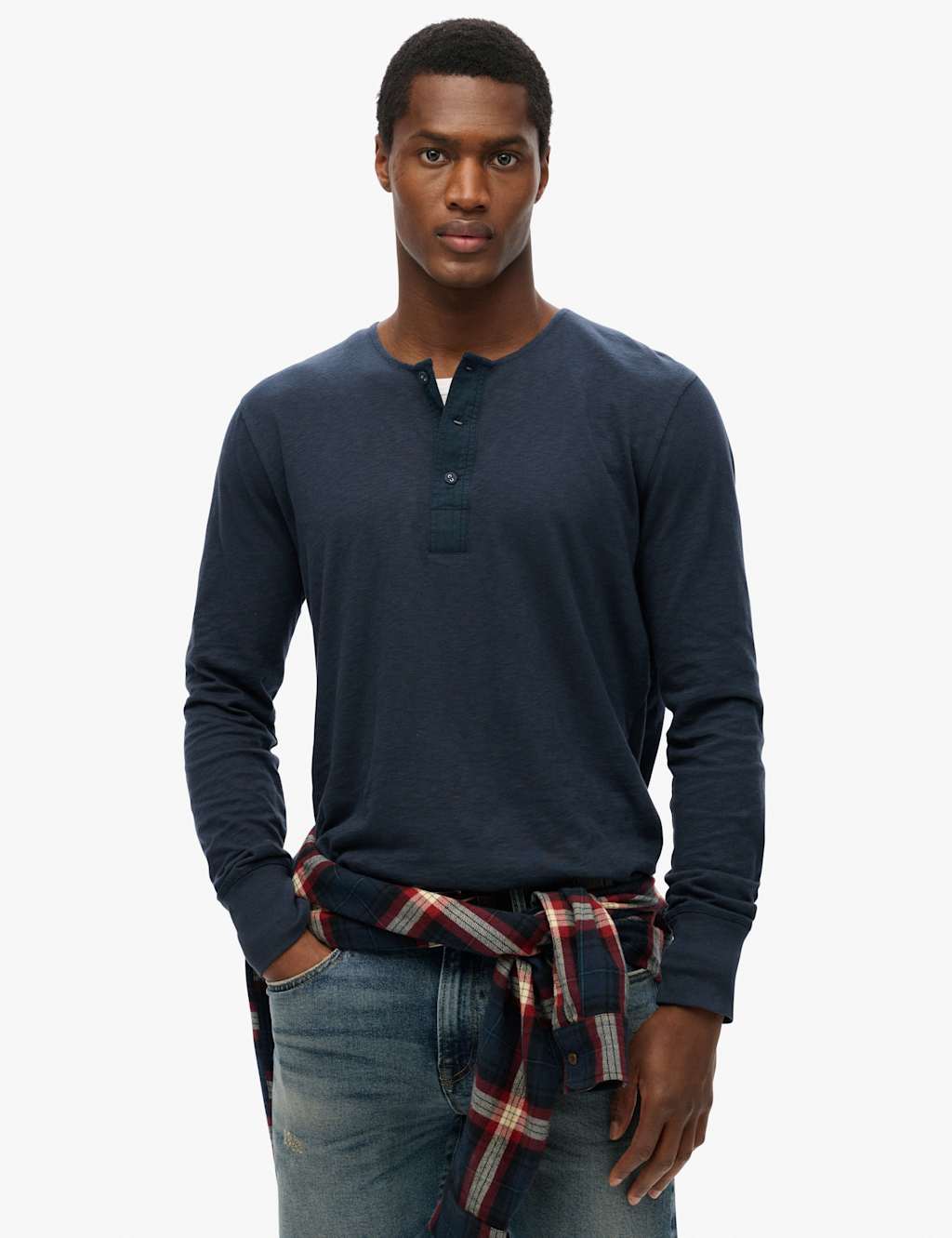 Pure Cotton Grandad Collar Long Sleeve Top