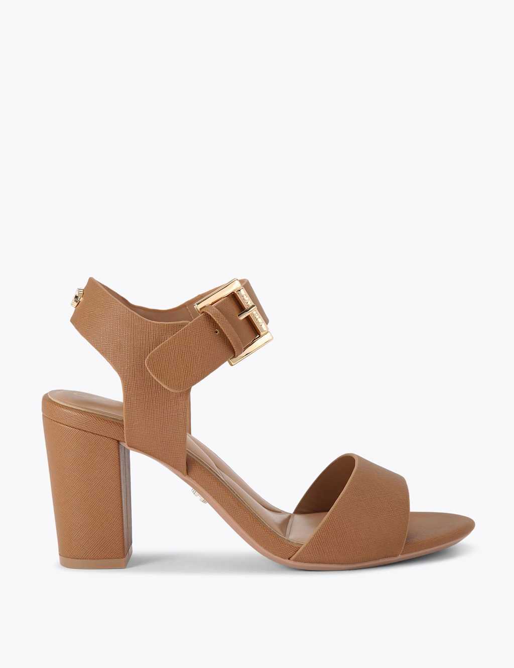 Carvela Metallic Ankle Strap Block Heel Sandals Tan
