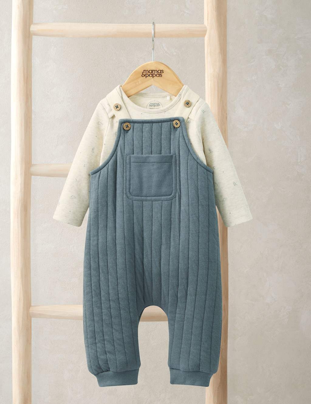 Mamas & Papas Boys Cotton Rich Quilted Dungarees & Bodysuit Set (0-12 Mths) - 6-9 Months - Blue - Available at M&S