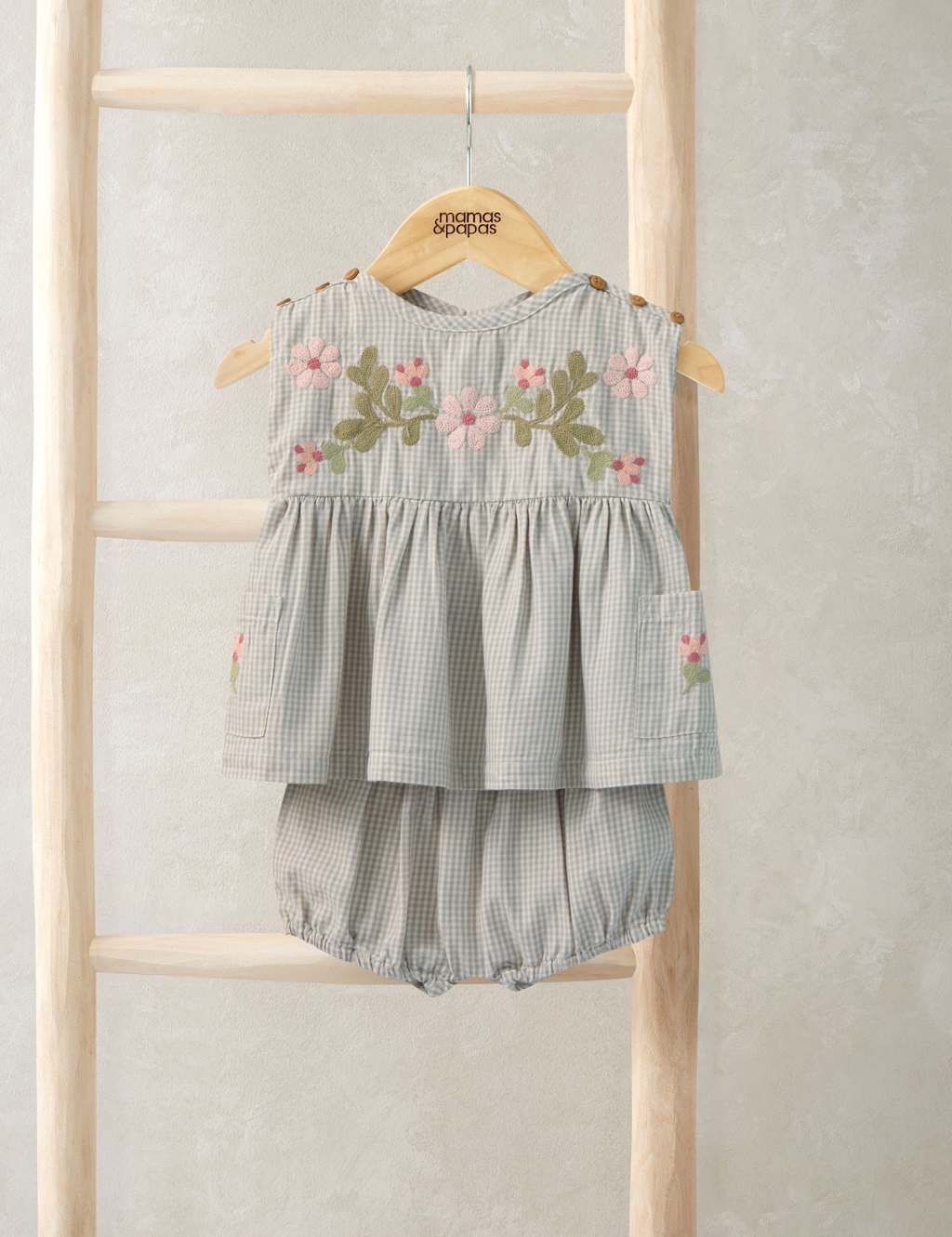 Mamas & Papas Girls Pure Cotton Embroidered Gingham Outfit (0-24 Mths) - 12-18 Months - Grey - Available at M&S