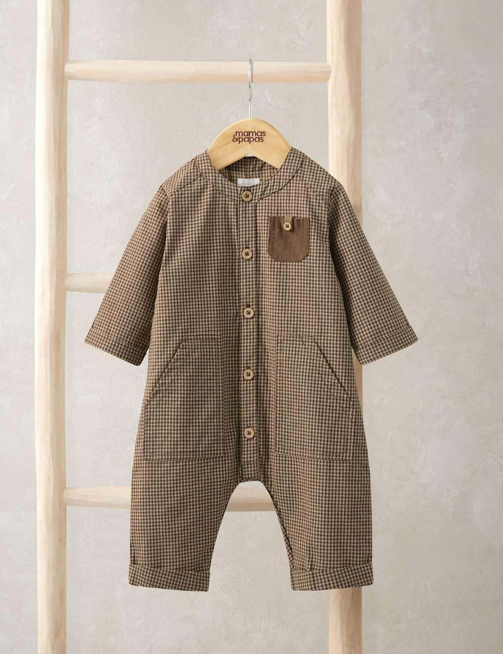 Mamas & Papas Boys Pure Cotton Checked Romper (0-24 Mths) - 18-24 Months - Beige - Available at M&S
