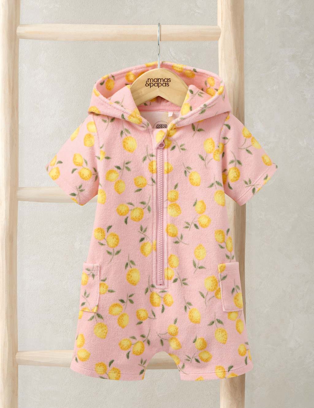 Mamas & Papas Girls Cotton Rich Towelling Lemon Print Zip Romper (3 Mths-3 Yrs) - 12-18 Months - Pink - Available at M&S