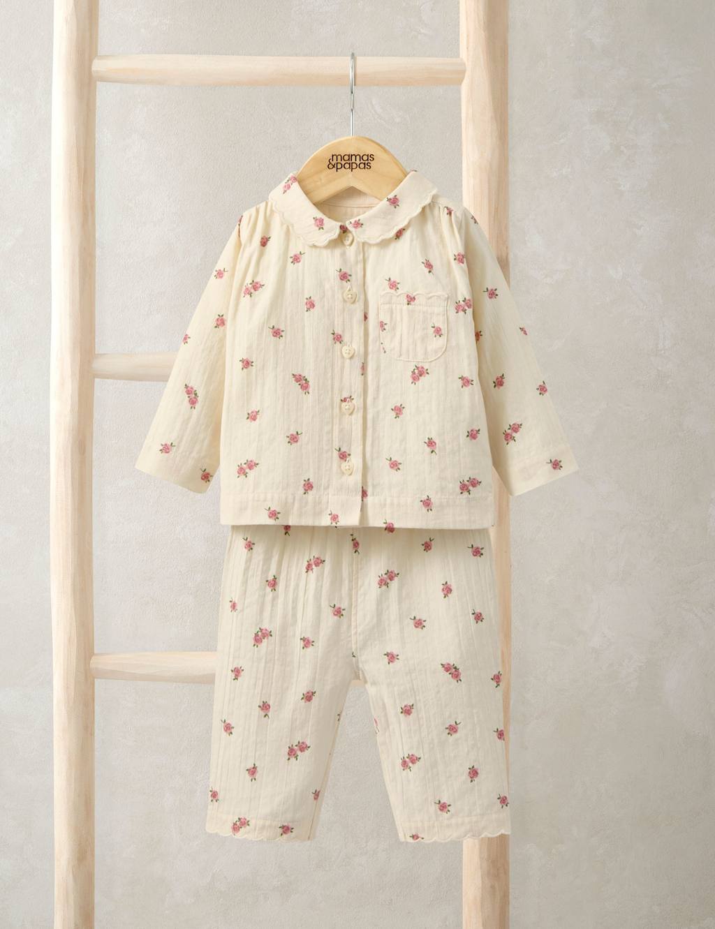 Mamas & Papas Girls Pure Cotton Woven Rose Print Pyjamas (3 Mths-3 Yrs) - 18-24 Months - Beige - Available at M&S