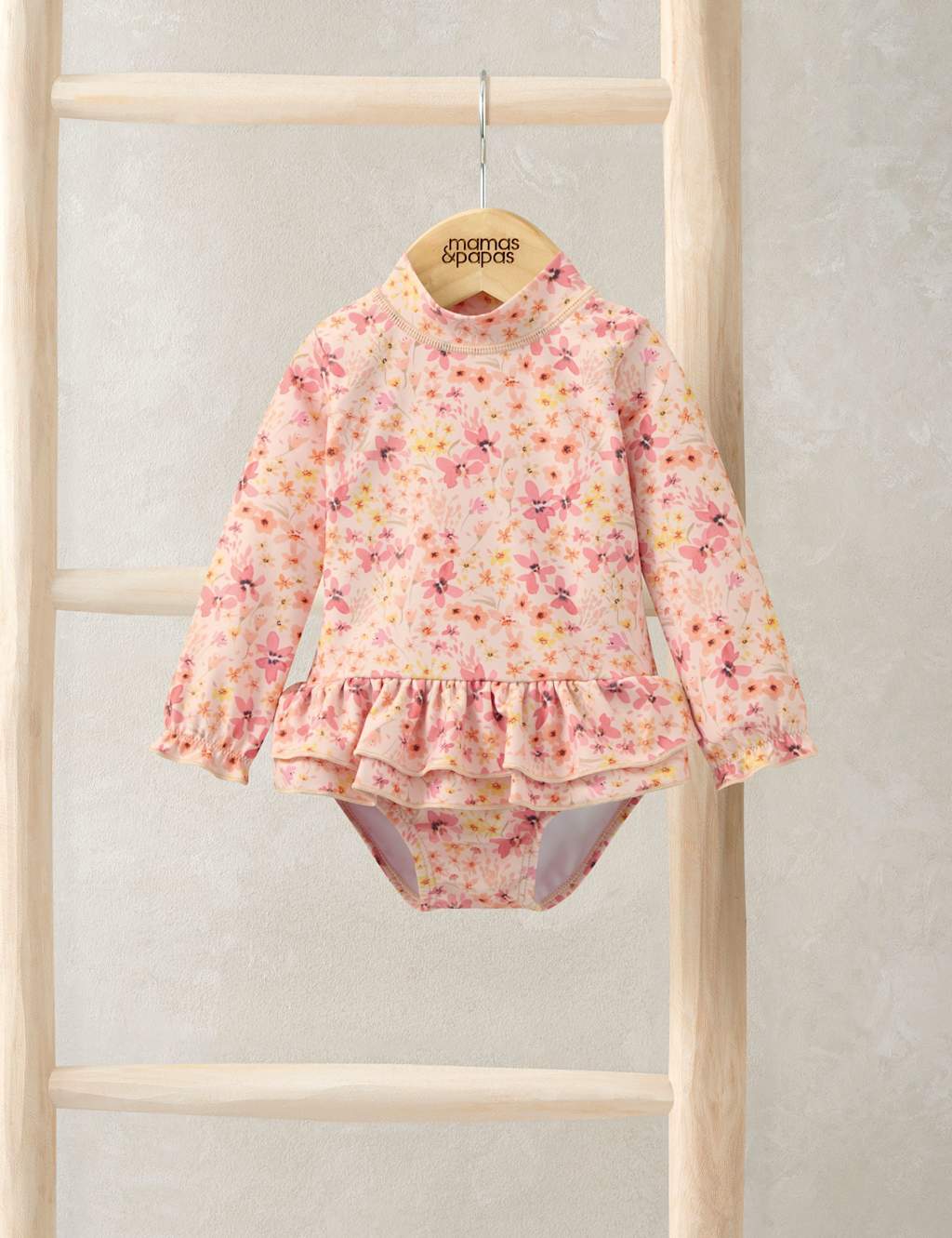 Mamas & Papas Girls Floral Frill Long Sleeve Swimsuit (0-3 Yrs) - 9-12 Months - Pink - Available at M&S