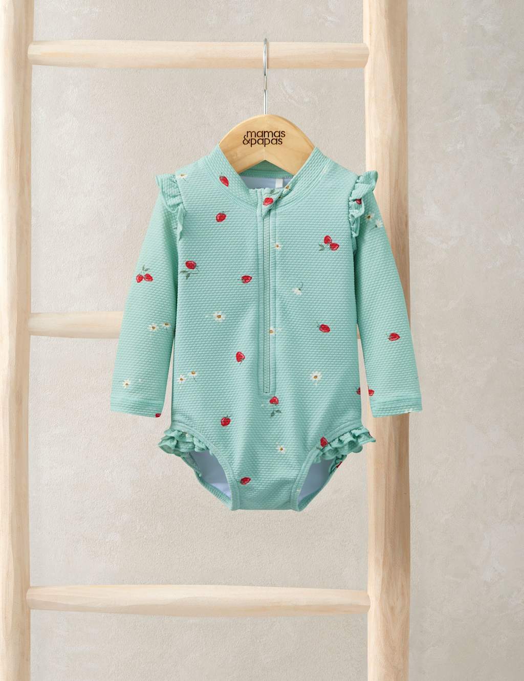 Mamas & Papas Girls Strawberry Frill Long Sleeve Swimsuit (0-3 Yrs) - 0-3 Months - Blue - Available at M&S
