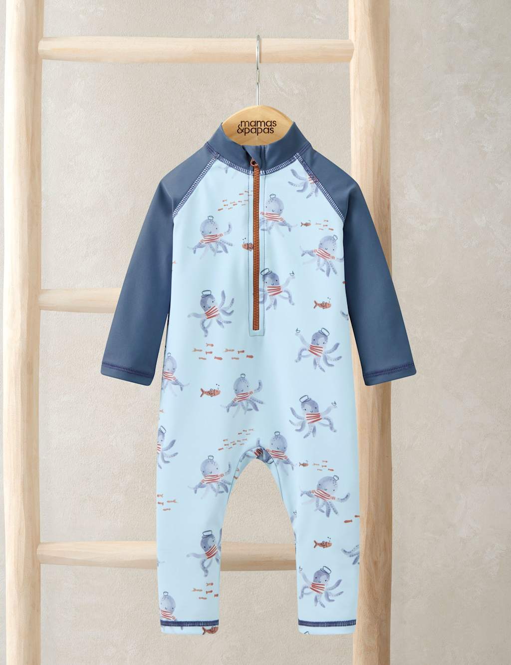 Mamas & Papas Boys Octopus Long Sleeve Swim All In One (0-3 Yrs) - 6-9 Months - Blue - Available at M&S