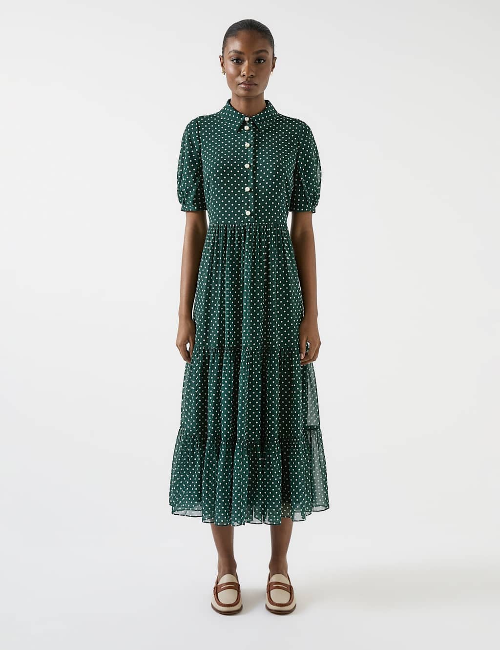 Lk Bennett Women's Polka Dot Relaxed Tiered Midi Dress - 14 - Green Mix, Green Mix
