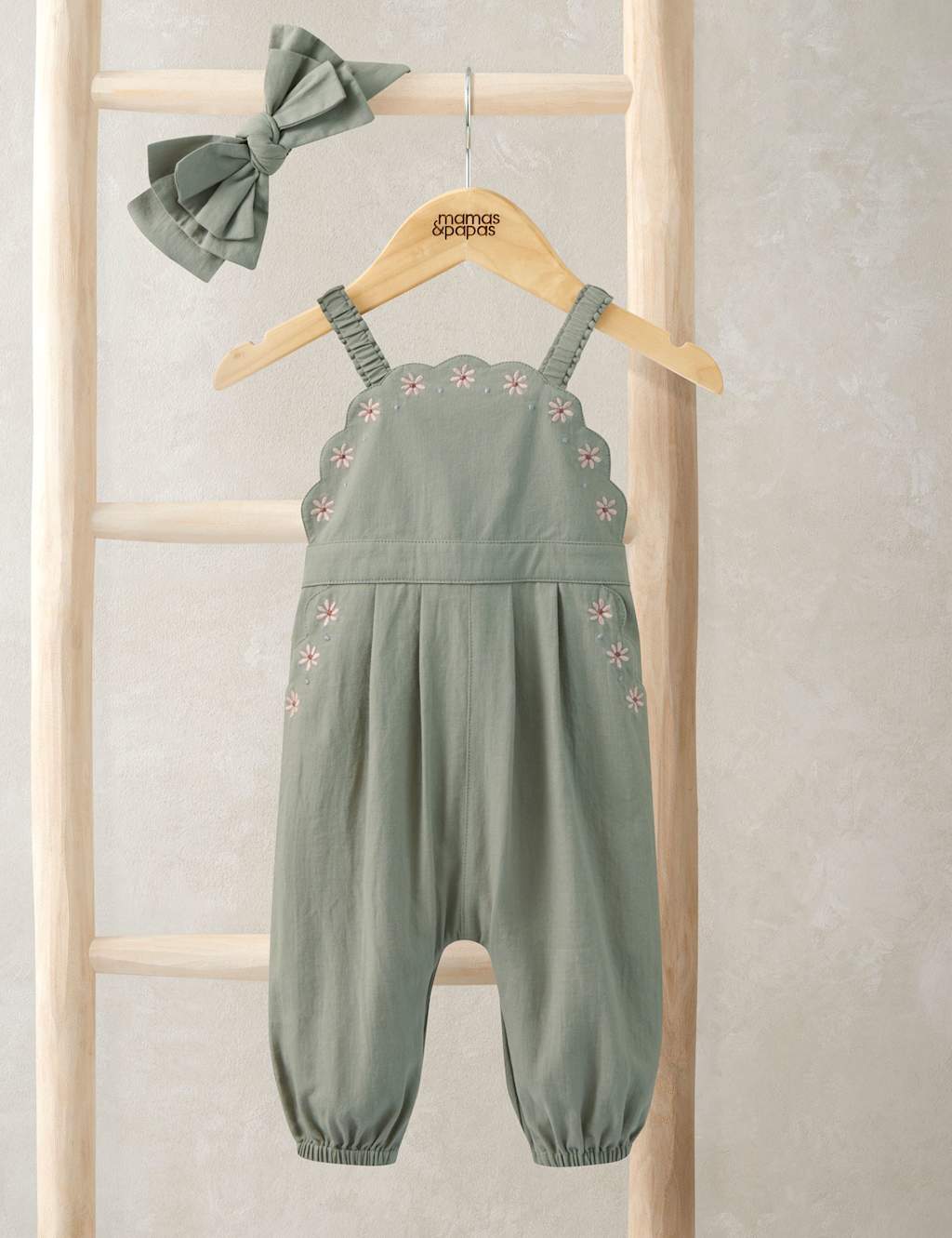 Mamas & Papas Girls Pure Cotton Scalloped Dungarees & Headband (0-36 Mths) - 0-3 Months - Green - Available at M&S