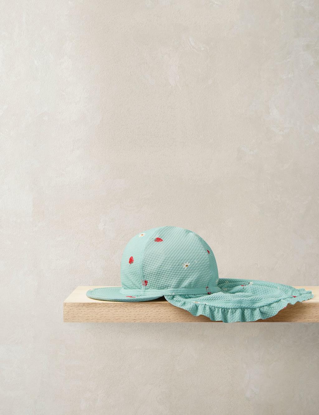 Mamas & Papas Girls Strawberry Peaked Sun Hat (0-36 Mths) - 0-3 Months - Blue - Available at M&S