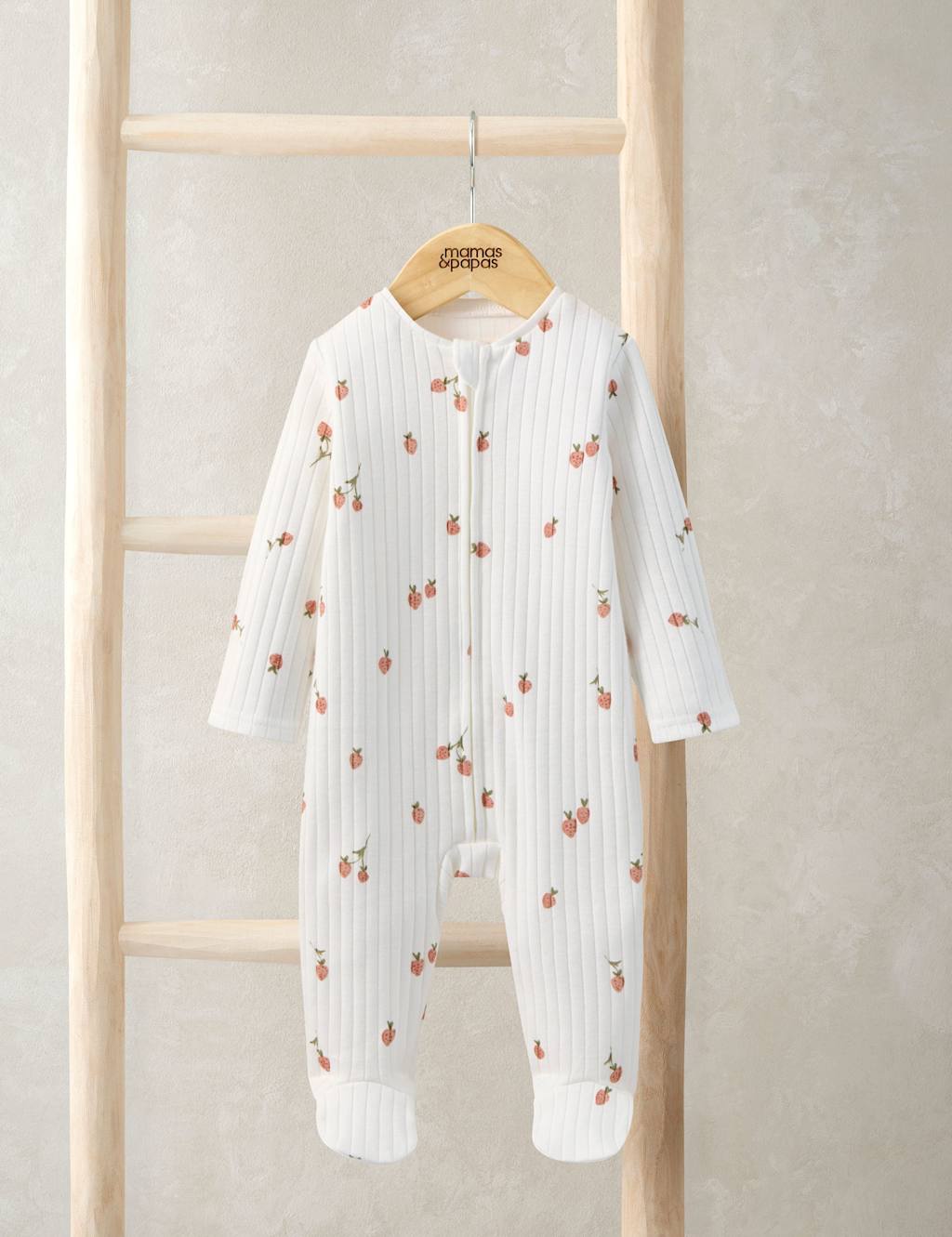 Mamas & Papas Girls Pure Cotton Ribbed Strawberry Print Sleepsuit (6 ½lbs-12 Mths) - 9-12 Months - Cream - Available at M&S