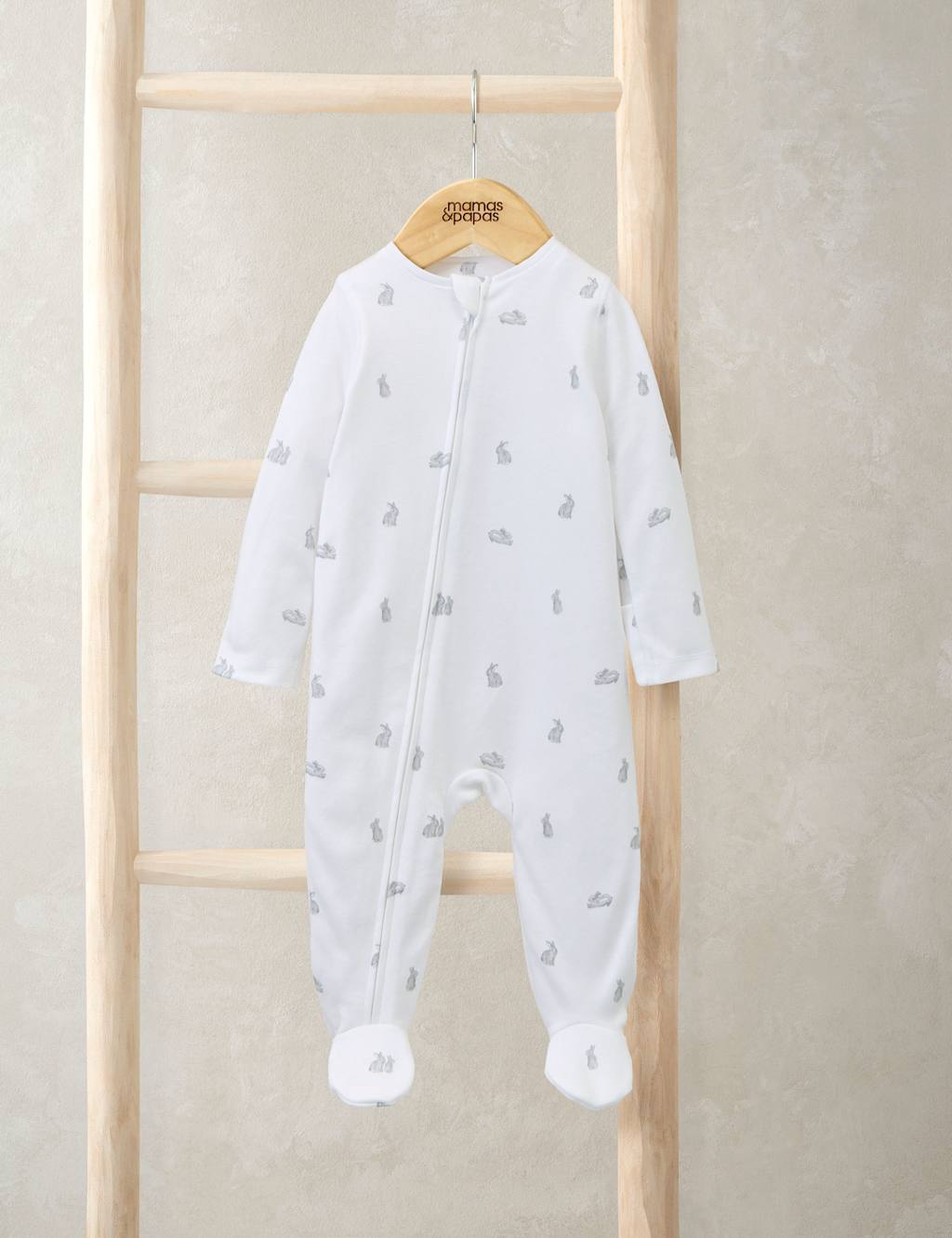 Mamas & Papas Kids Pure Cotton Bunny Print Sleepsuit (6 ½lbs-6 Mths) - 0-3 Months - White - Available at M&S